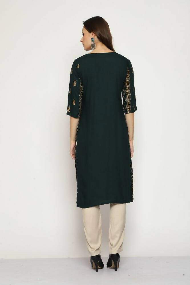 Maai Rayon Hand Printed Kurta Green