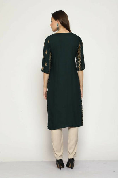 Maai Rayon Hand Printed Kurta Green