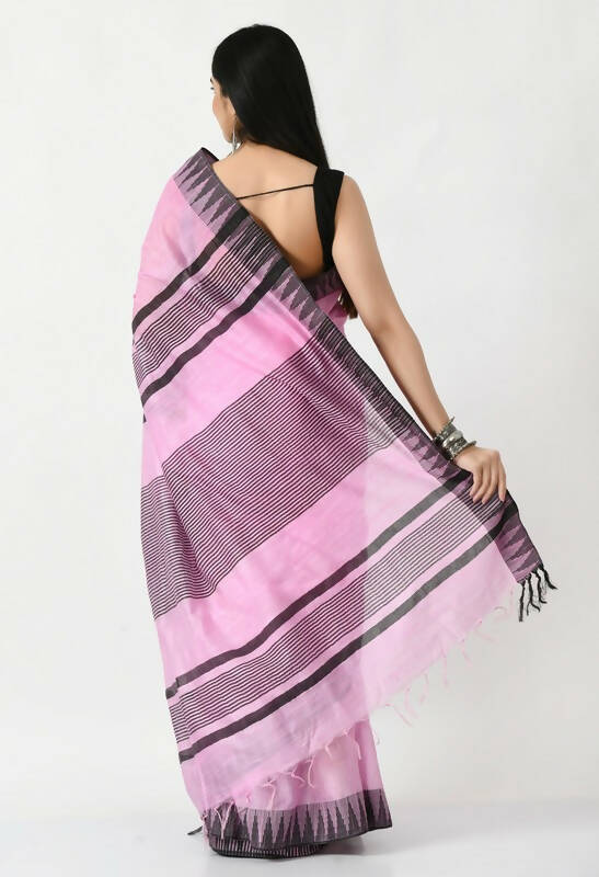 Mominos Fashion Moeza Baby Pink Bhagalpuri Handloom Silk Black Temple Border Saree with unstitched Blouse piece