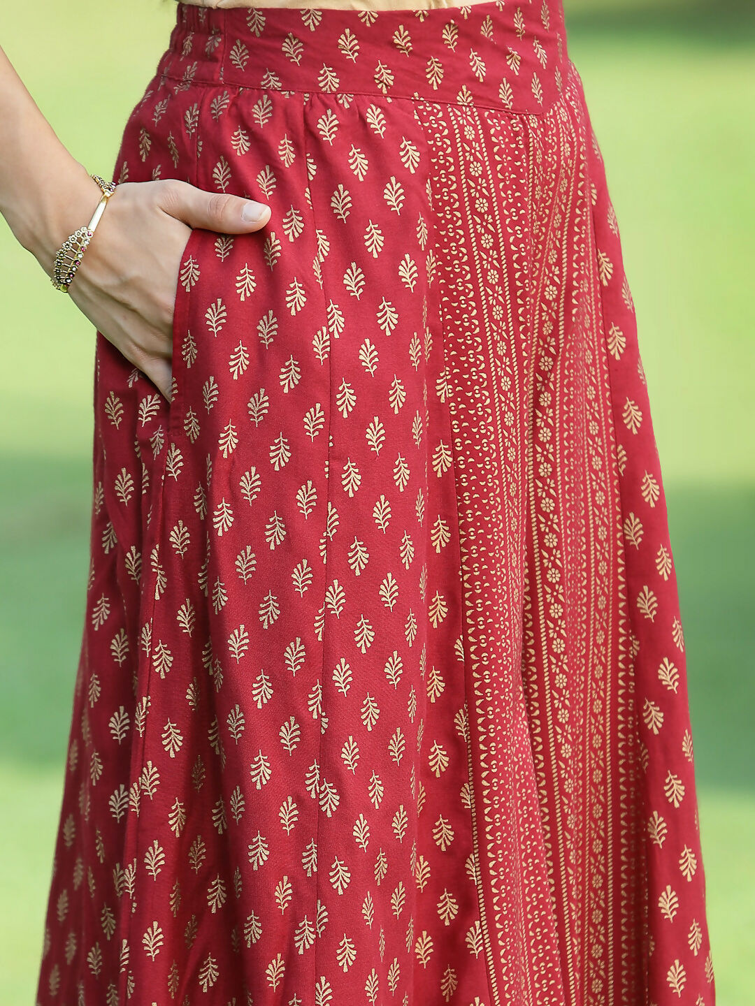 Juniper Jade Green Ethnic Motif Printed Rayon High-Slit Kurta & Palazzo Set With Thread Work Embroidery