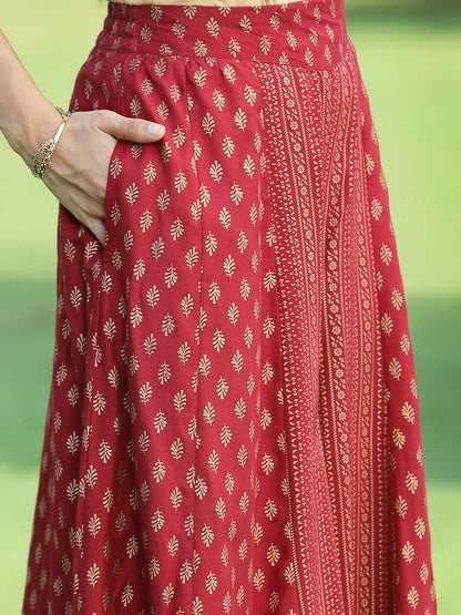 Juniper Jade Green Ethnic Motif Printed Rayon High-Slit Kurta & Palazzo Set With Thread Work Embroidery