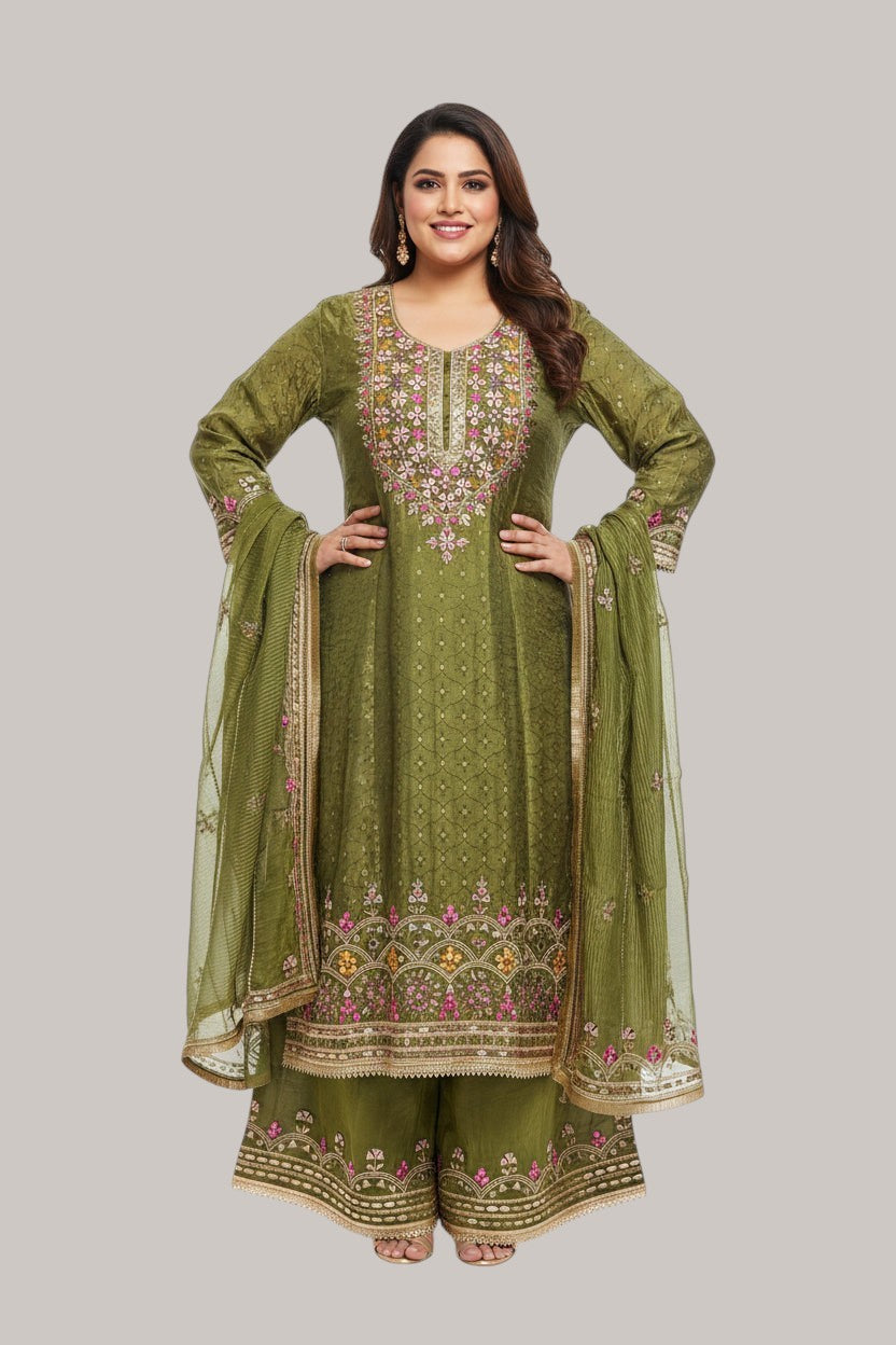 Mehandi green Anarkali suit with palazzo