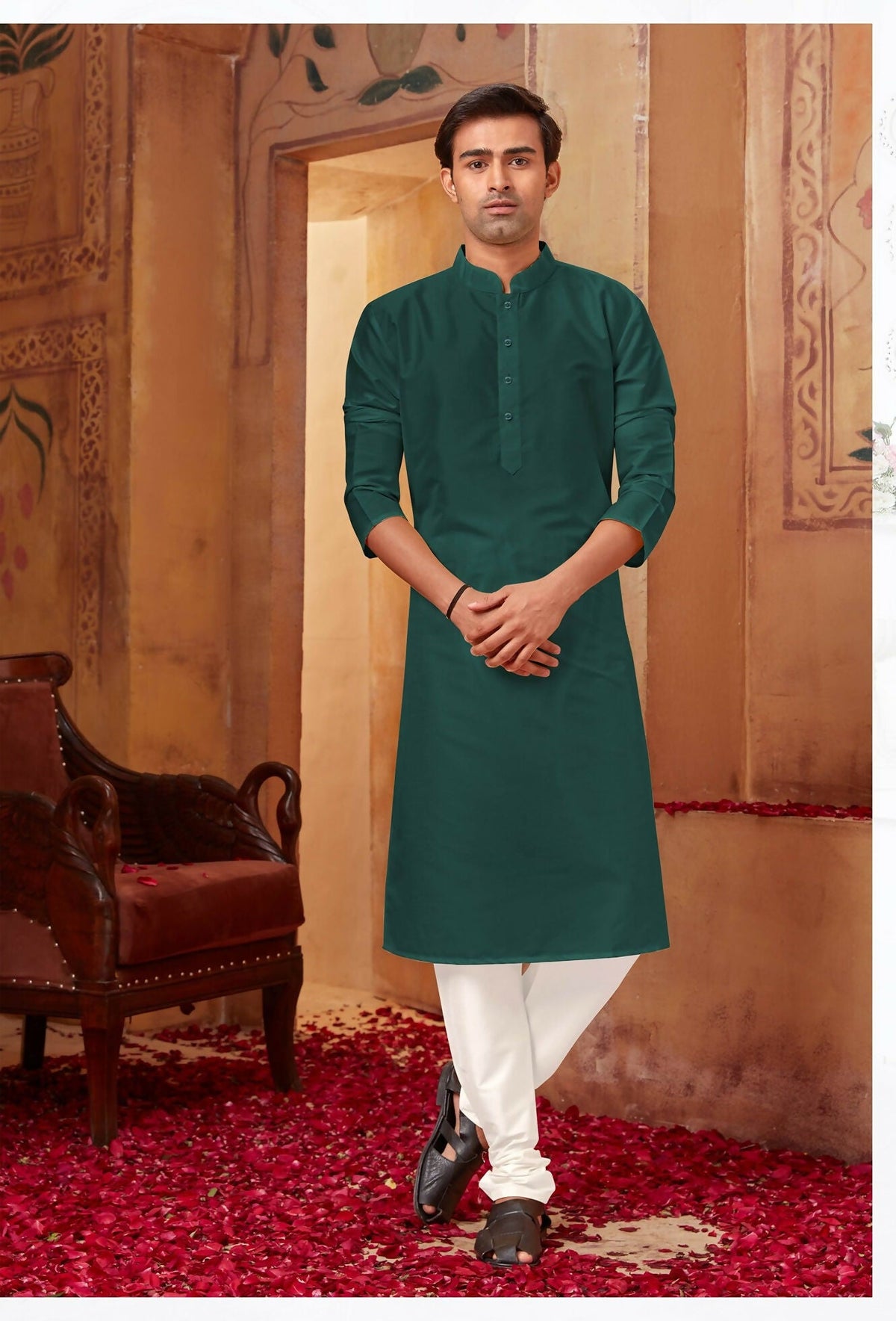 Joban Fashion Bottle Green Art Silk Kurta Pyjama