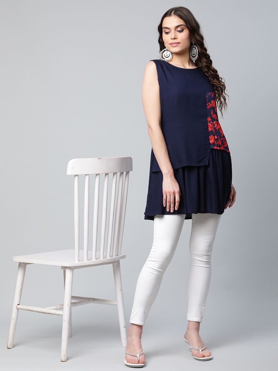 Ahalyaa Women Navy Blue Rayon Printed Tunic