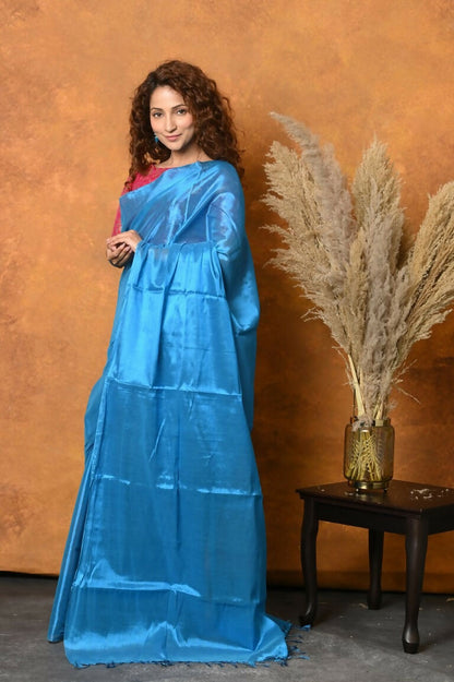 Very Much Indian Fusion Cotton Tissue Shimmer Saree - Light Blue