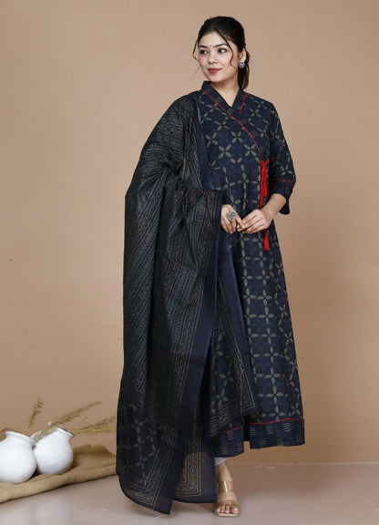 Miravan Women's Abstract Printed & Tasseles Angrakha Kurta With Blue Dupatta Set