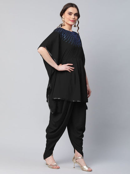 Ahalyaa Women Black Crepe Glitter Printed Kurta with Dhoti Pants