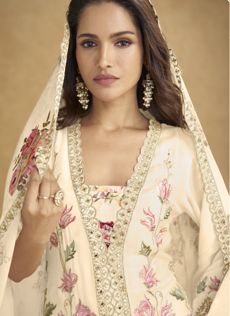 Vegaa Fashion Cream Floral Slit Style Designer Kurta Palazzo Suit