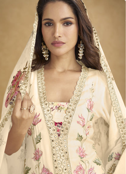 Vegaa Fashion Cream Floral Slit Style Designer Kurta Palazzo Suit