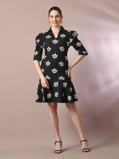 Myshka Women's Black Printed Shirt Collar Fit and Flare Party Dress