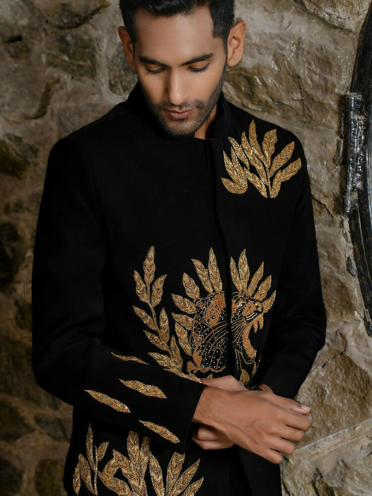 Black Bandhgala With Embroidery-Leaves by Hilo Design