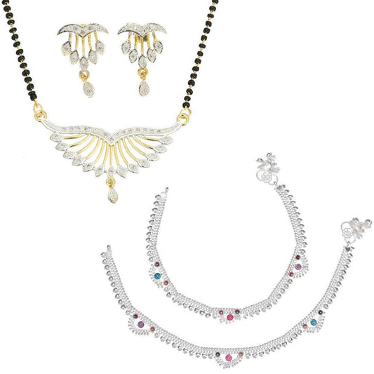 AanyaCentric Gold-Polished Mangalsutra Pendant Earring Set & Silver Plated Anklet