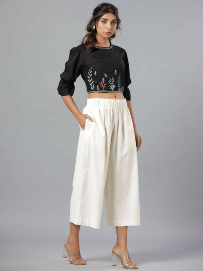 Juniper Women Black Rayon Flex Embroidered Crop Top