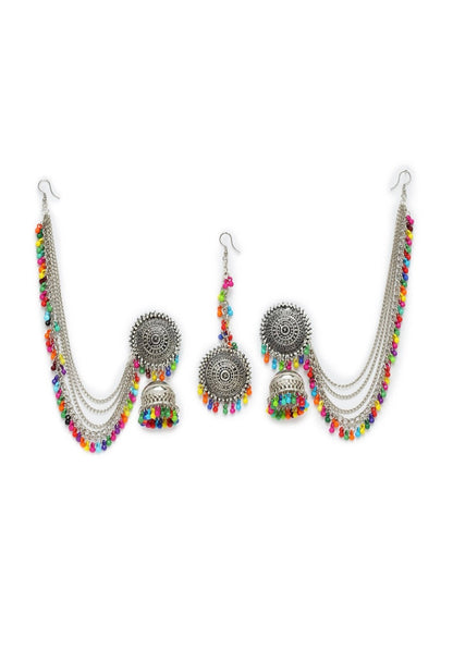 Mominos Fashion Johar Kamal Bahubali Multi Beads Earrings With Tikka