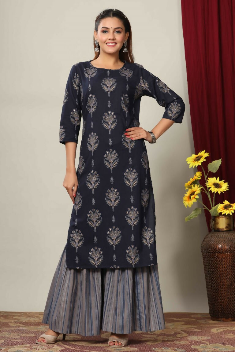 Miravan Women's Blue & Grey Printed Pure Cotton Kurta With Sharara