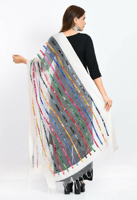 Mominos Fashion Moeza Women's Orgenza Multi Thread Mirror Work White Dupatta