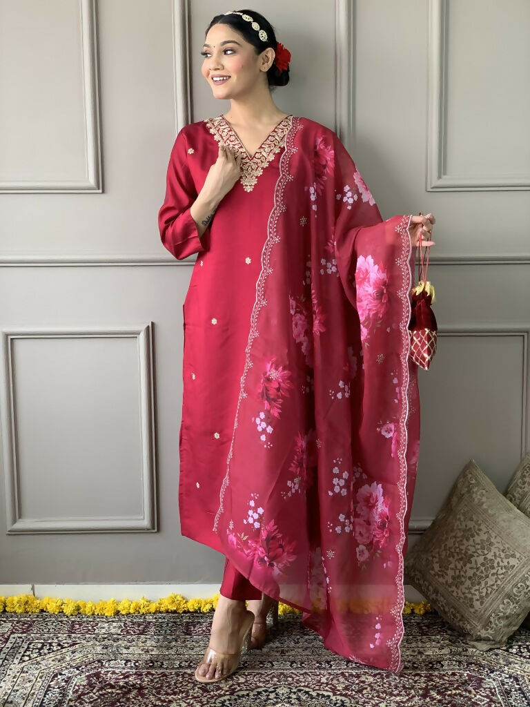 Rani Pink Viscose Chanderi Stitched Suit With Dupatta - Tanisha