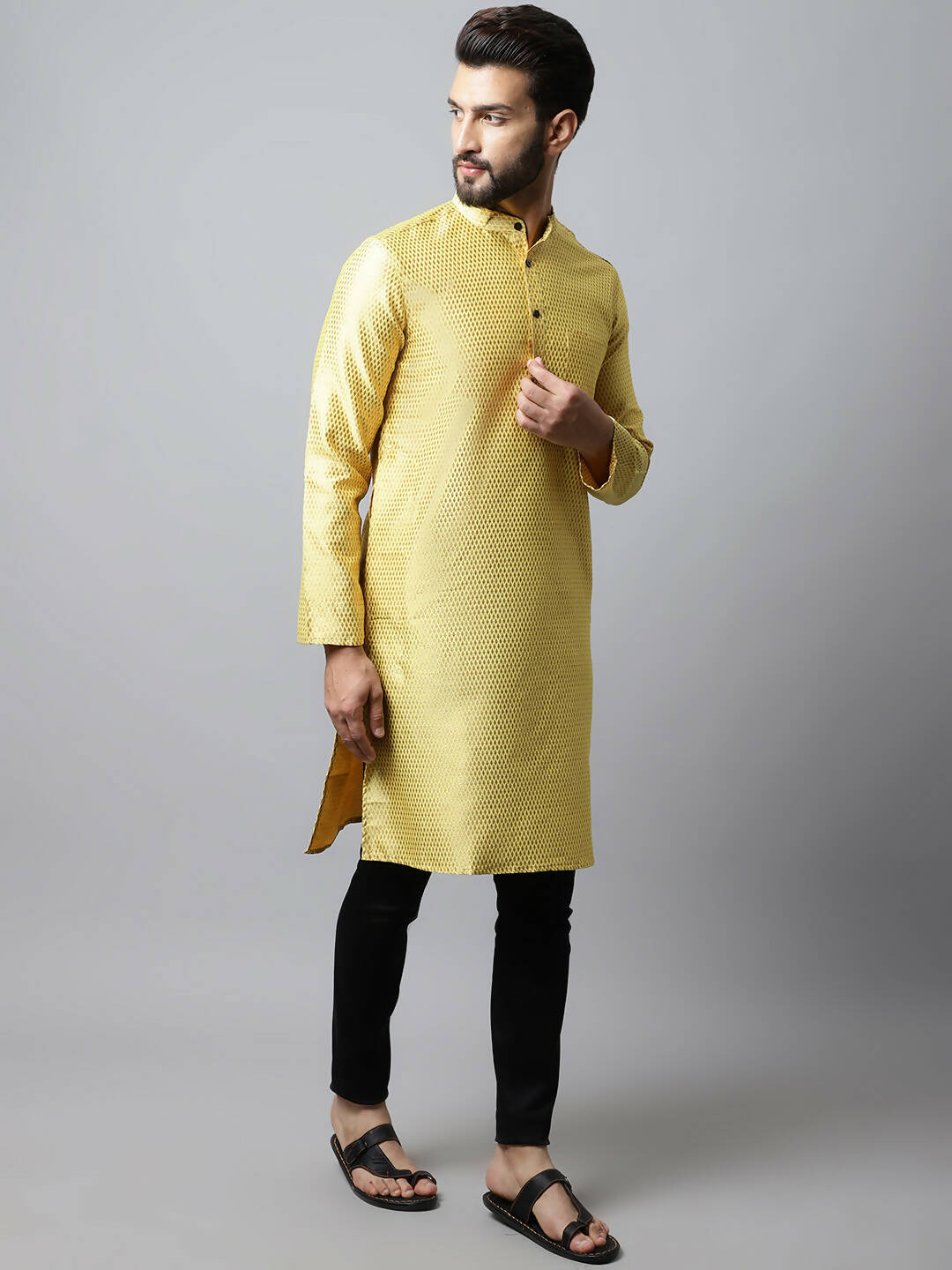 Even Apparels Yellow Color Art Silk Banarsi Silk Men's Kurta With Band Collar (BS017)