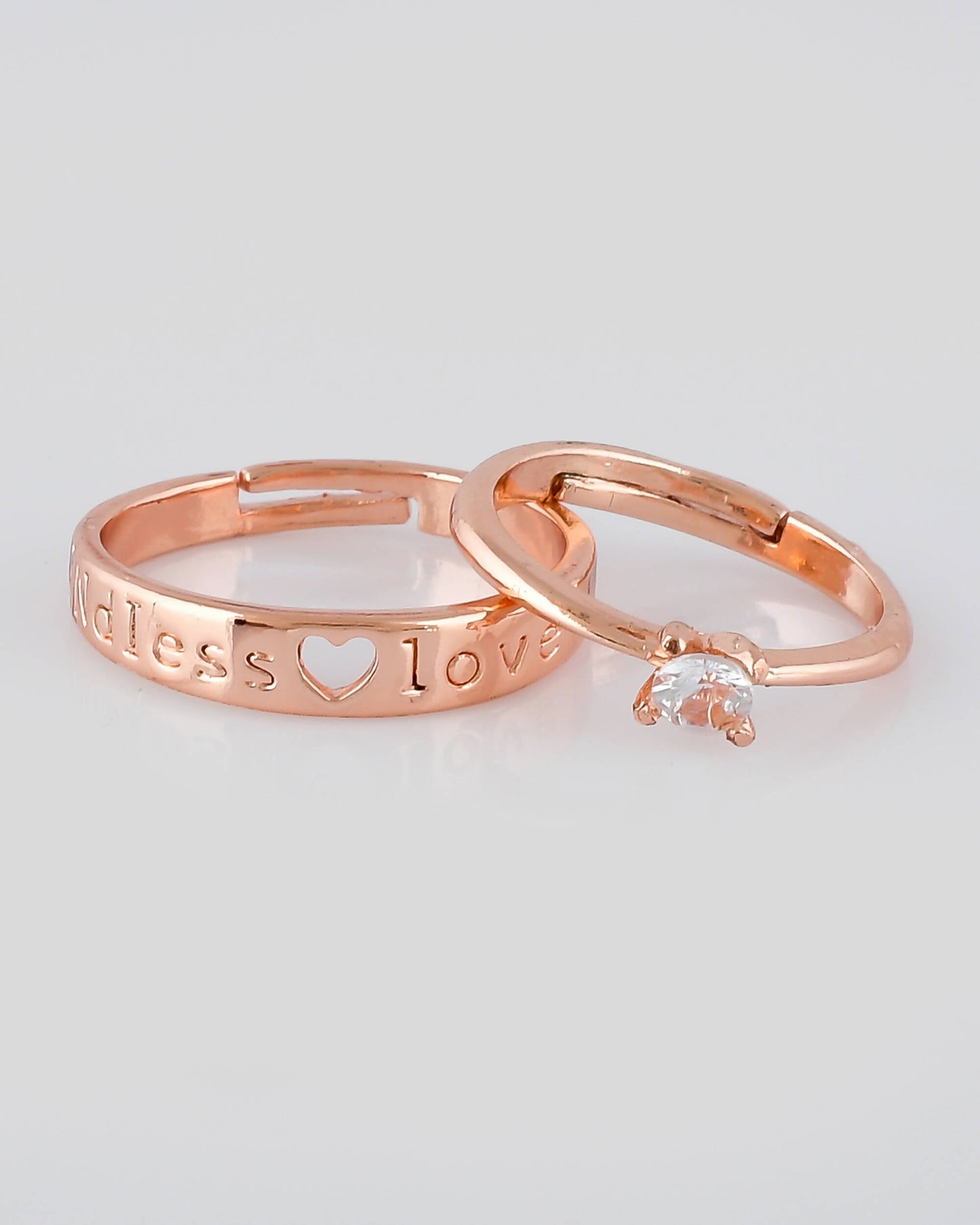 VOJ Stainless Steel Cubic Zirconia Gold-Polished Adjustable Couple Ring Set