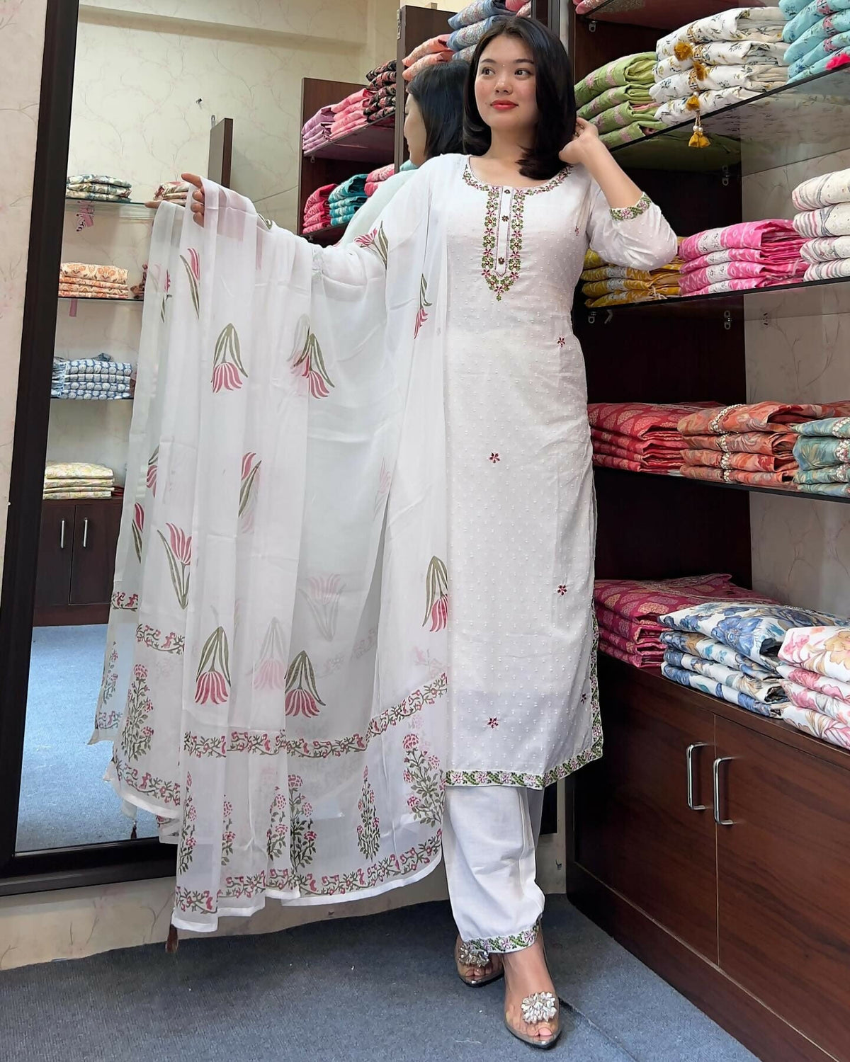 The52 White Women's Gorgeous Georgette Butti Fabric Embroidered Work Straight Kurta Pant and Dupatta Set
