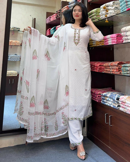The52 White Women's Gorgeous Georgette Butti Fabric Embroidered Work Straight Kurta Pant and Dupatta Set