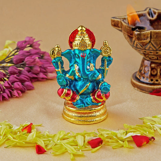 Estele Gold-Polished God of beginnings Lord Ganesha Idol with multi-color Stone Type:Enamel for Gifts & HouseWarming/Home/Office Decors