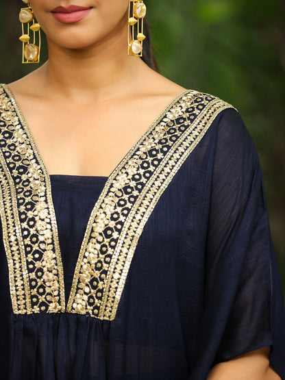 Janasya Navy Blue Silk Blend Yoke Embroidery Co-Ords