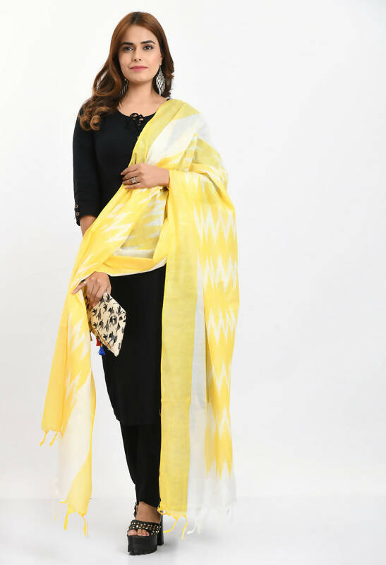 Mominos Fashion Moeza Women's Handloom Cotton Ikkat Yellow Dupatta
