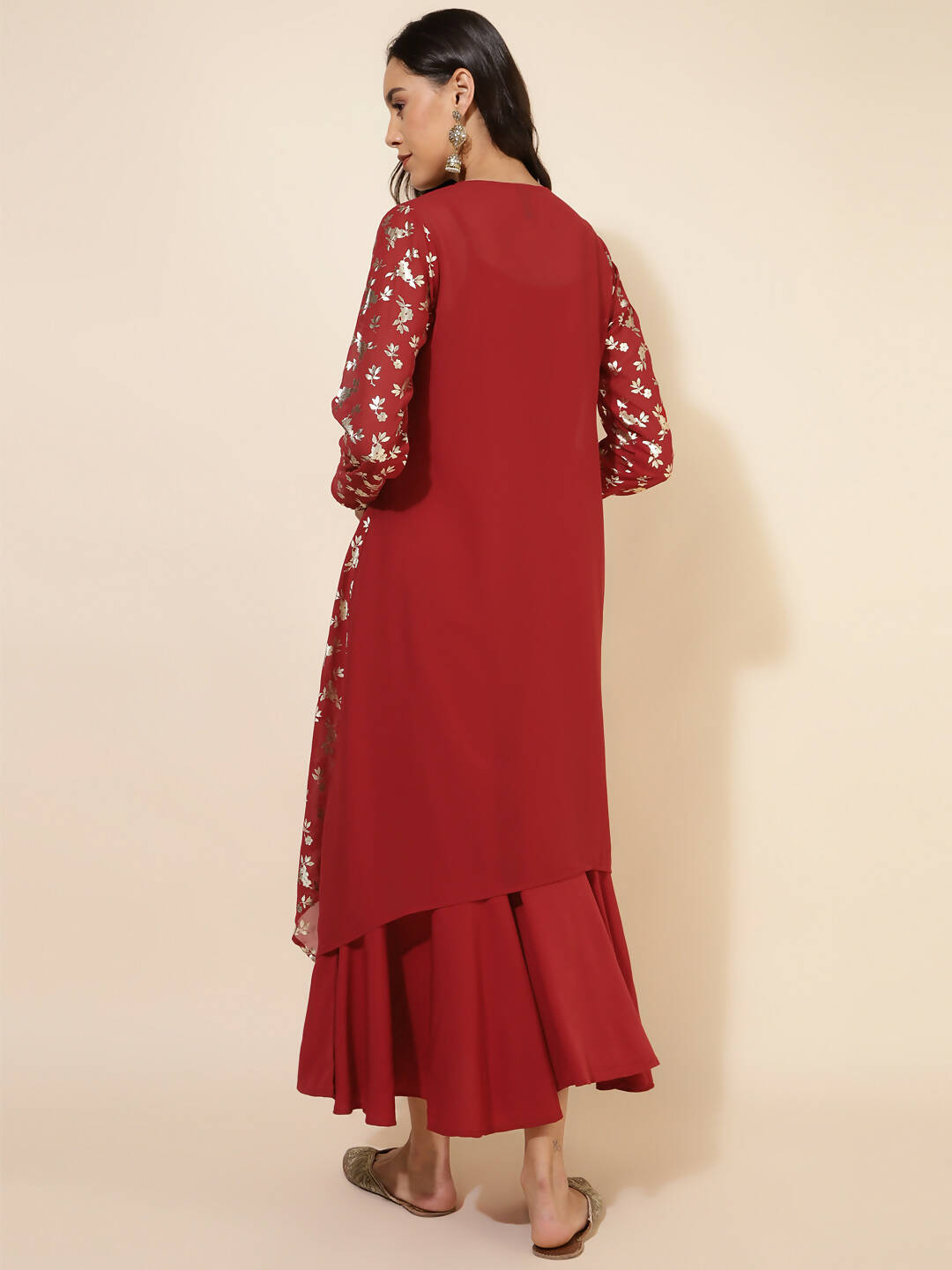 Janasya Women's Red Georgette Foil Printed Festive Flared Dress Set
