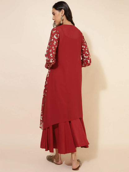Janasya Women's Red Georgette Foil Printed Festive Flared Dress Set
