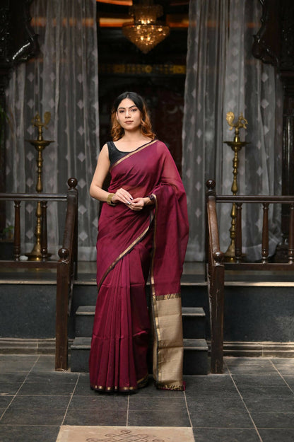 Very Much Indian VMI Exclusive Designer! Handloom Cotton Silk Saree With Sleek Golden Border - Maroon Shade