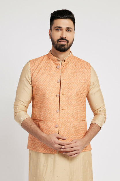 Ethnic India Orange Bundi Men's Jacket Abstract Blended