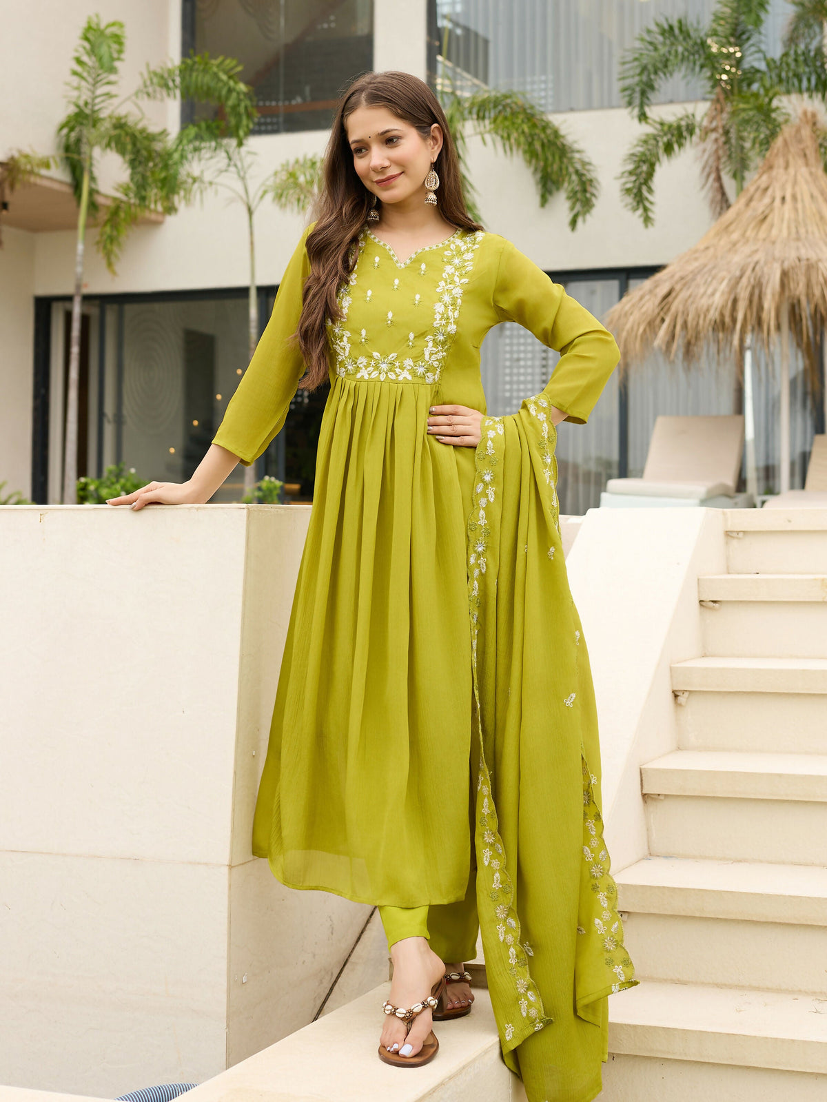 The52 Lemons Women's Gorgeous Chinon Embroidered Flared Kurta with Pant And Dupatta Set