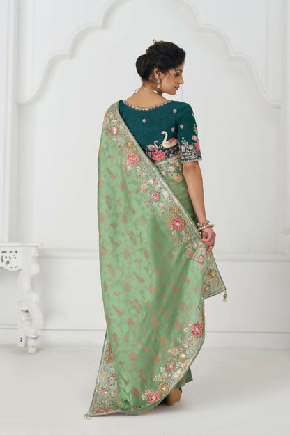 Kesar Fab Grace In Green: Multi-Thread Embroidered With Floral Elegance Saree