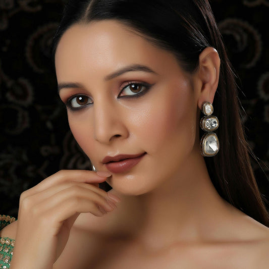 Kundan Earrings (Silver) - Ruby Raang