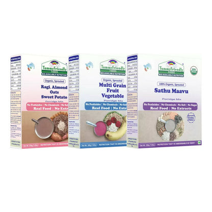 TummyFriendly Foods Certified Organic Multi-Grain, Sprouted Ragi, Oats, Red Lentil, Banana and Sathu Maavu Porridge Mixes Combo