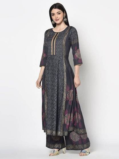 Aniyah Rayon Dark Grey Color Block Print Anarkali Palazzo Set (AN-199K)