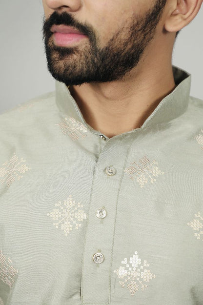 Neera Trendz Olive Soft Parbon Silk Embroidered Men's Kurta Pyjama