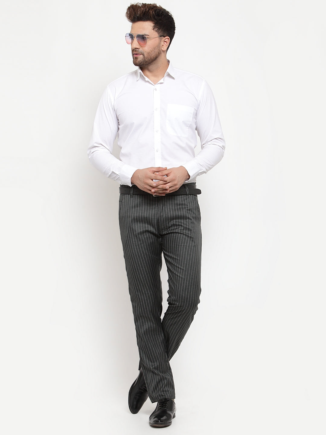 Jainish Men's Green Cotton Striped Formal Trousers ( FGP 255Olive )
