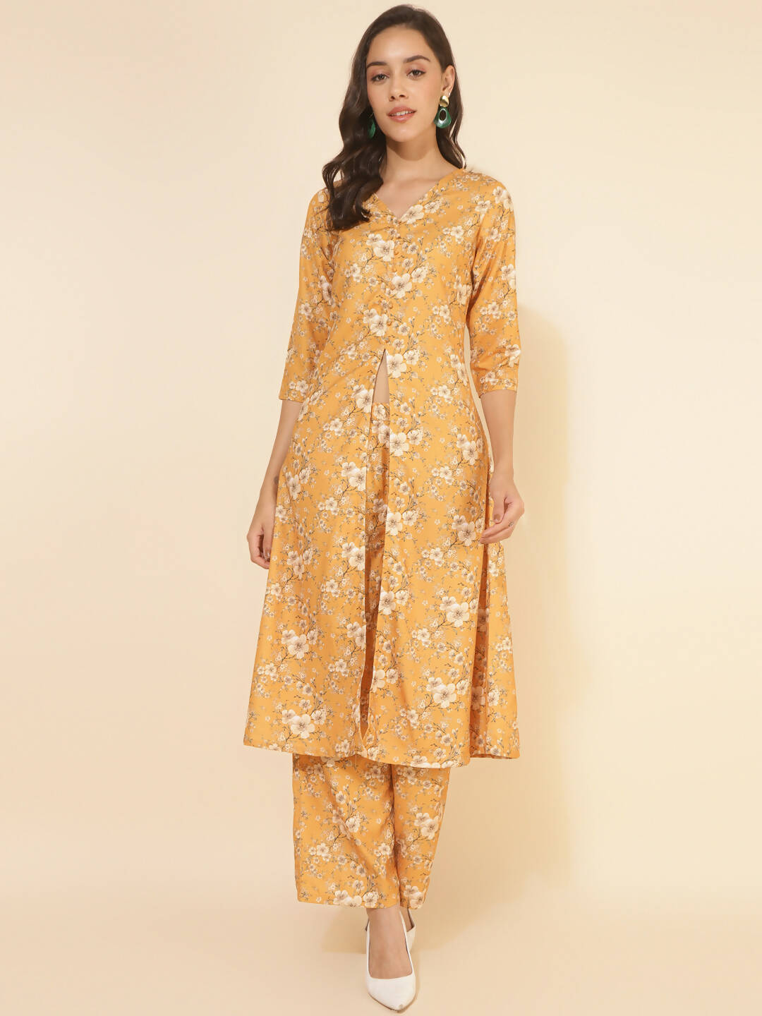 Janasya Women's Mustard Moss Floral Printed Casual Front Slit Co-ords