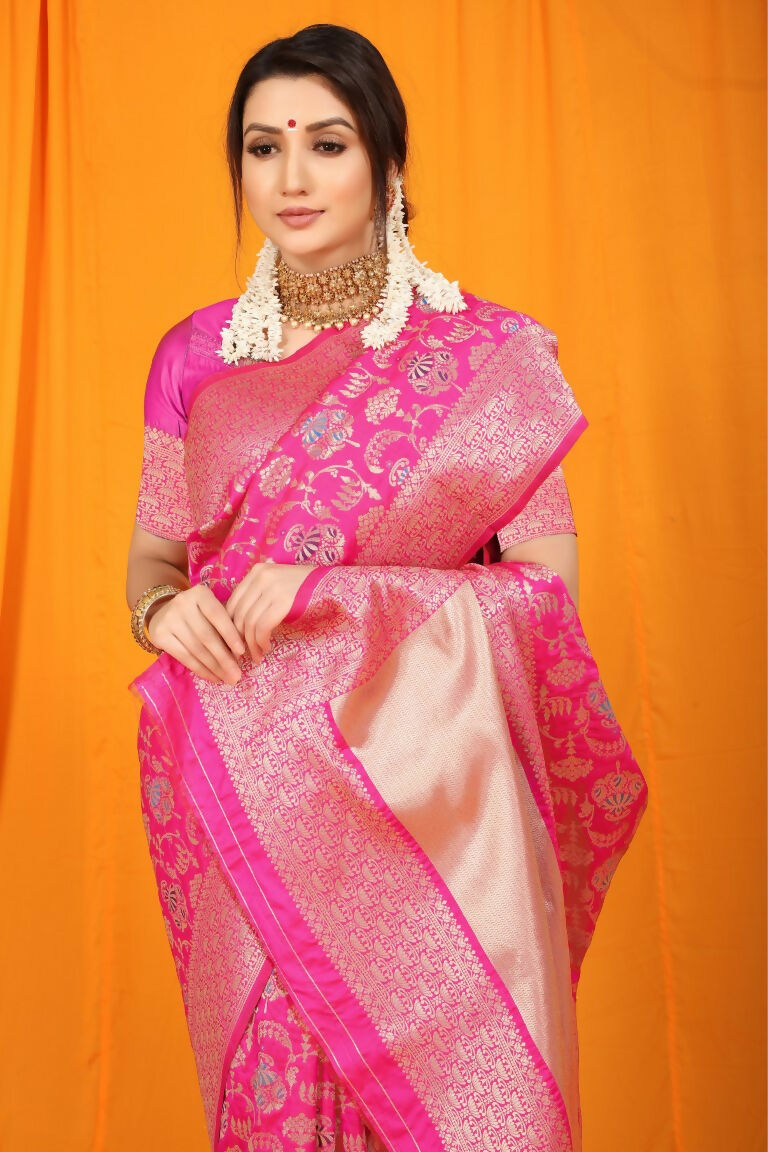 Jyoti Fashion Women's Rani Pink Kanjivaram Silk Zari Woven Saree with Blouse