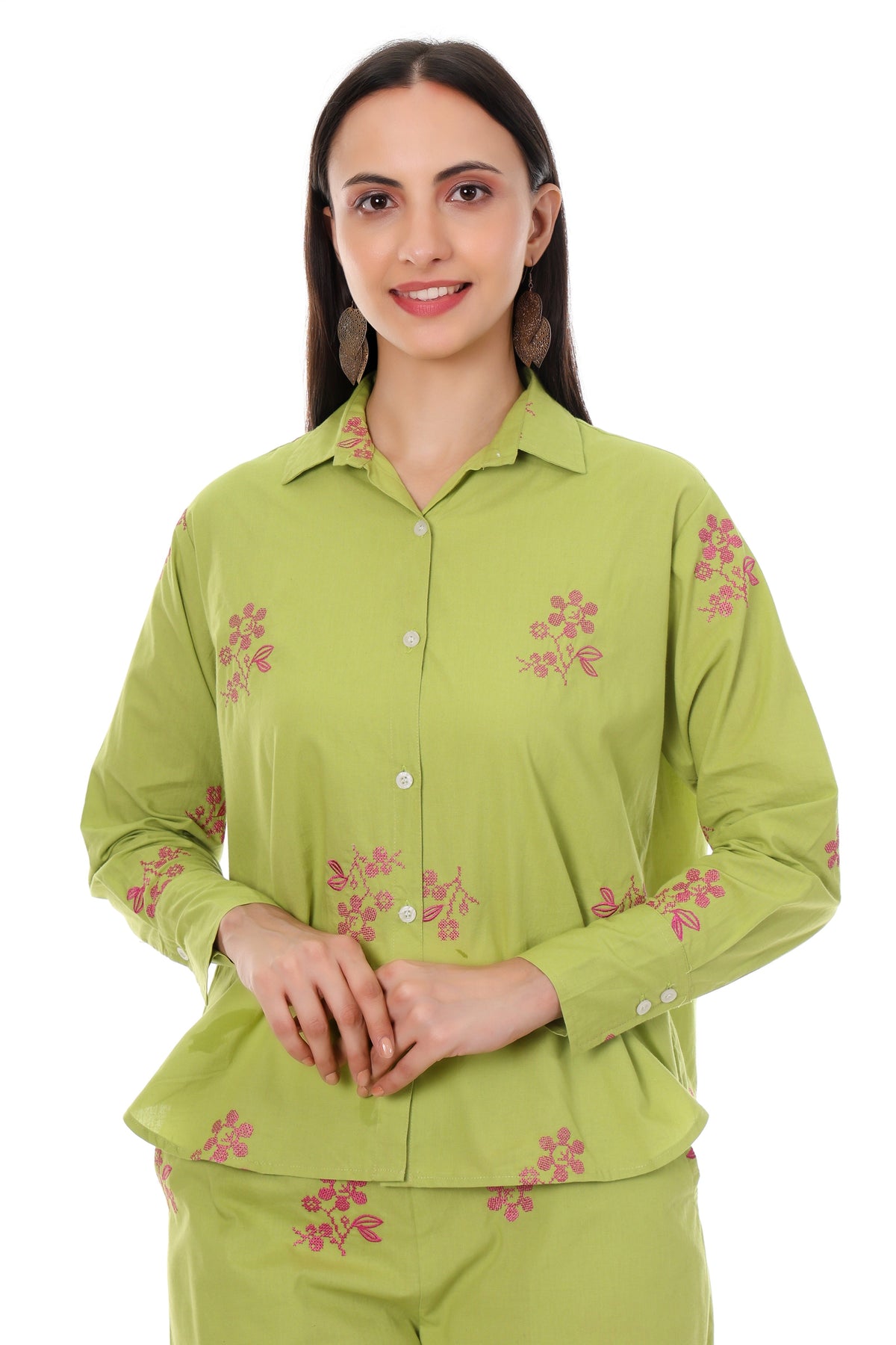 Jaitra Apparels Green Embroidered Premium Pure Cotton Co-Ord Set For Women