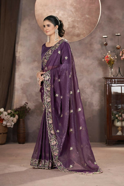 Vastranavya Gold Crunchy Multi Colour Threads Embroidery Work with Sequins Work Saree with Blouse material - Purple