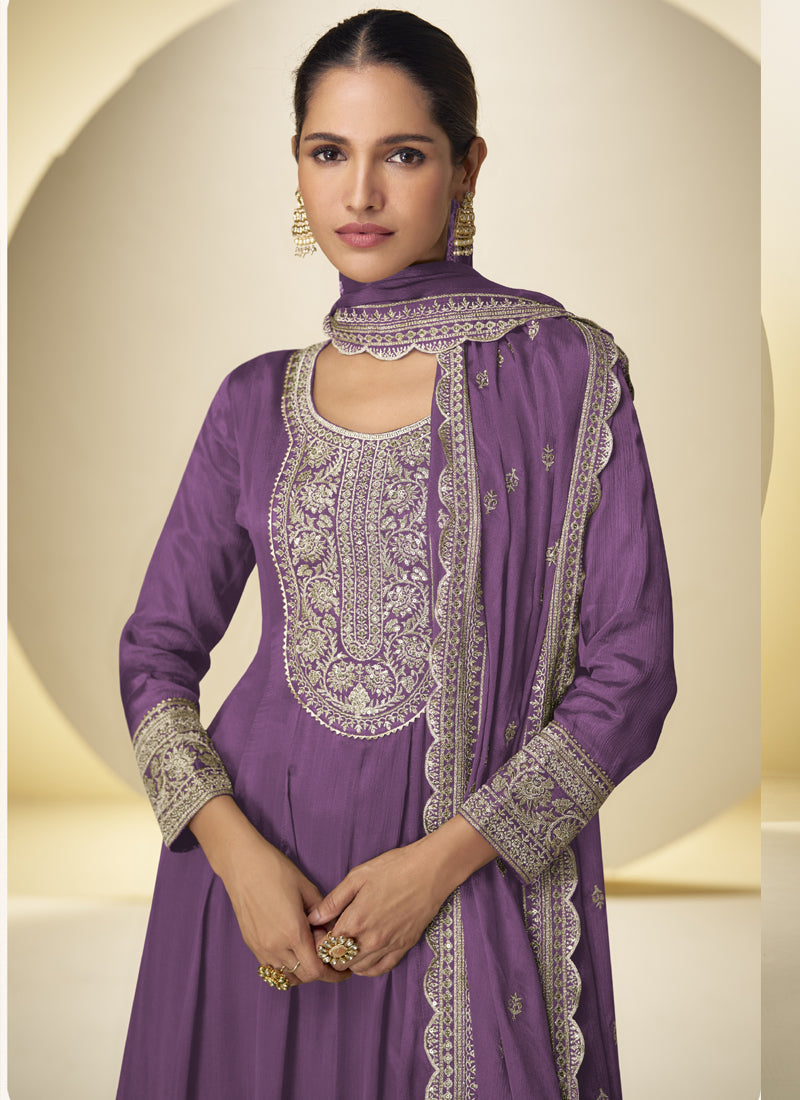 Vegaa Fashion Lavender Chinon Silk Embroidered Designer Salwar Palazzo Suit