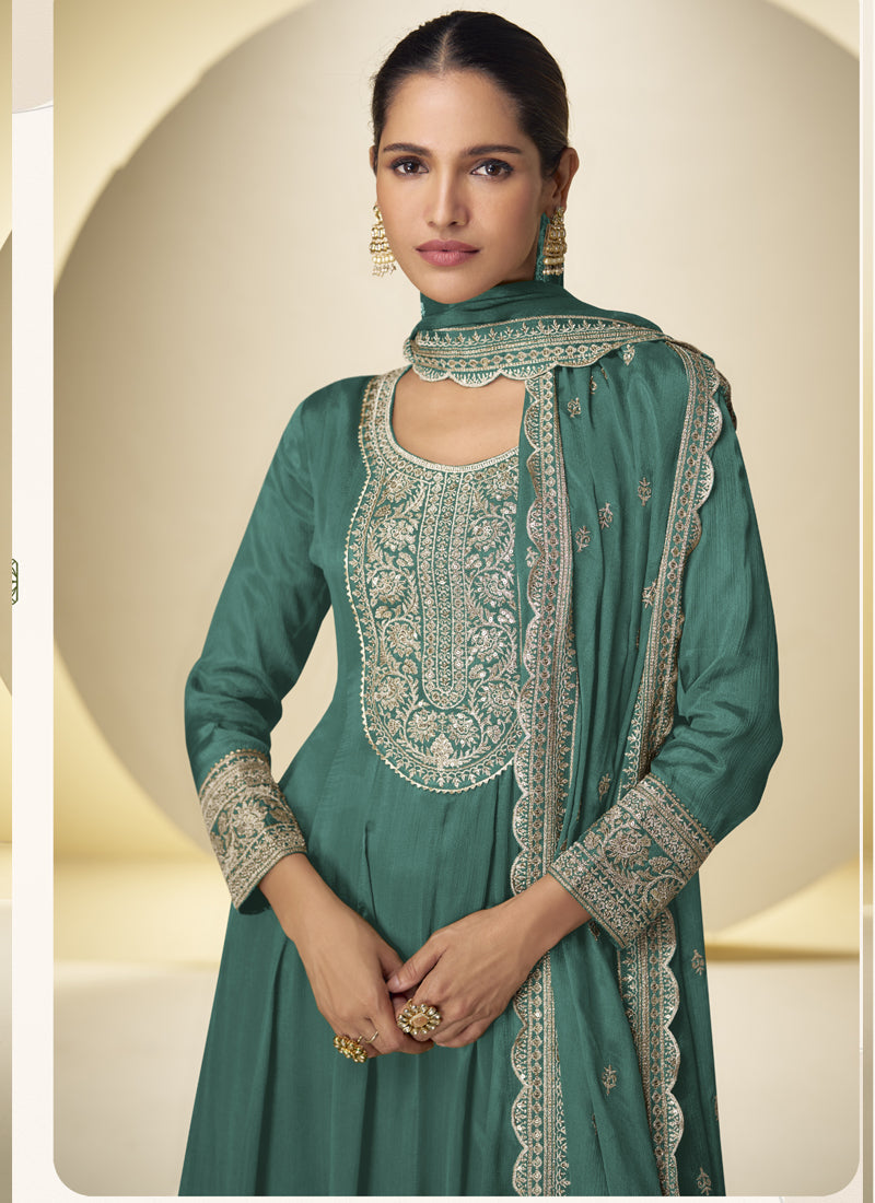 Vegaa Fashion Rama Green Chinon Silk Embroidered Designer Salwar Palazzo Suit
