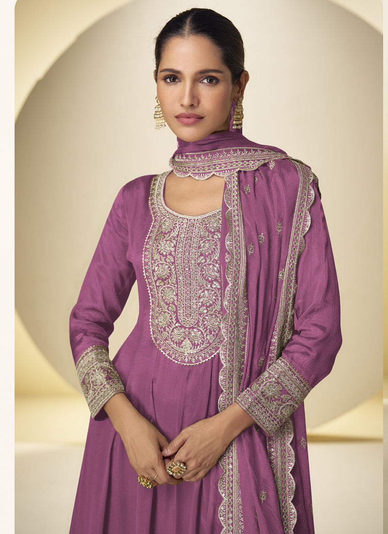 Vegaa Fashion Onion Pink Chinon Silk Embroidered Designer Salwar Palazzo Suit