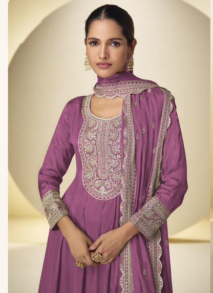 Vegaa Fashion Onion Pink Chinon Silk Embroidered Designer Salwar Palazzo Suit