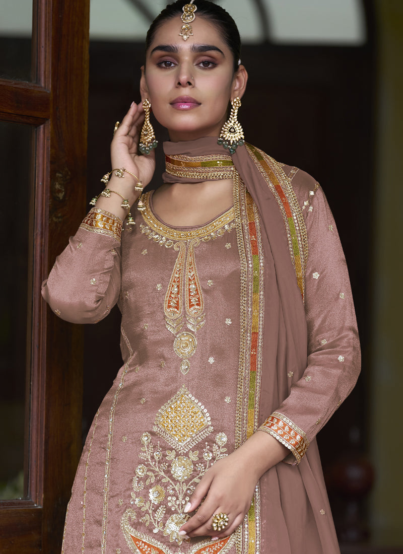 Vegaa Fashion Light Brown Shimmer Silk Embroidered Designer Salwar Palazzo Suit