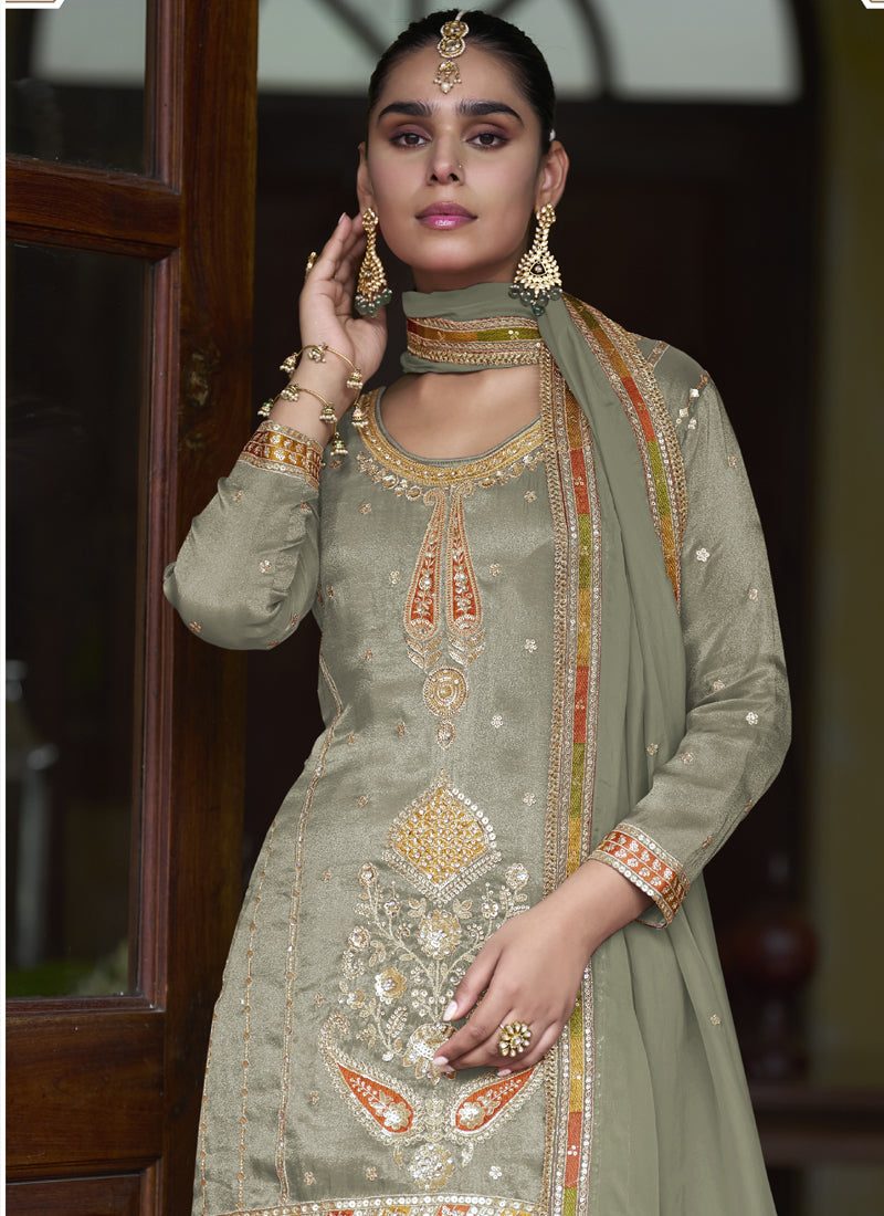 Vegaa Fashion Light Mehendi Shimmer Silk Embroidered Designer Salwar Palazzo Suit