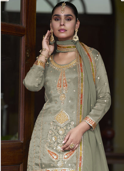 Vegaa Fashion Light Mehendi Shimmer Silk Embroidered Designer Salwar Palazzo Suit